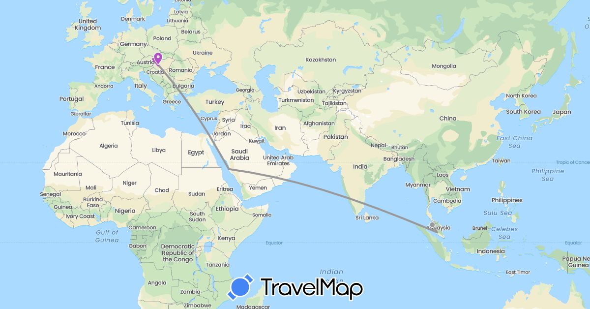 TravelMap itinerary: driving, plane, train in Austria, Hungary, Malaysia, Saudi Arabia (Asia, Europe)
